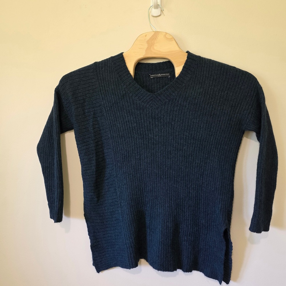 Peruvian Connection Sweater Womens S Blue Baby Alpaca Wool Ribbed V-Neck Luxury